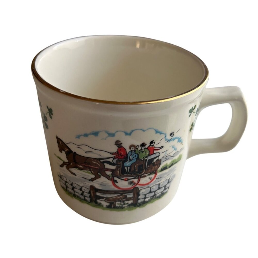 Vintage Carrigaline Pottery Ireland Mug With Gold Rim Horse & Carriage Scene